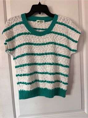 Women’s Short-Sleeve Striped Sweater Top in White and Teal - Brand Unknown